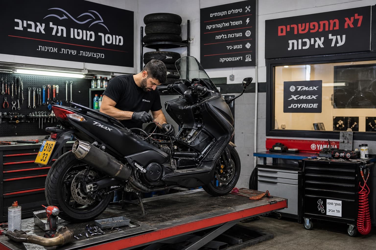 מכונאי בעבודה על אופנוע TMAX